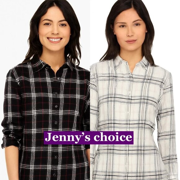 Weatherproof Vintage Ladies' Long-Sleeve Flannel Shirt Button Front Plaid. Black - Picture 1 of 5